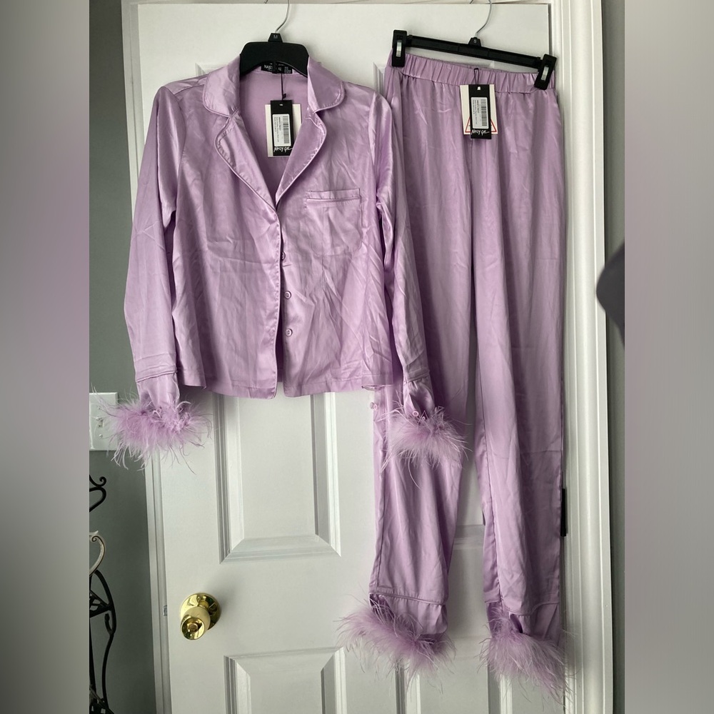 NASTY GAL Satin Feather Pajama Set